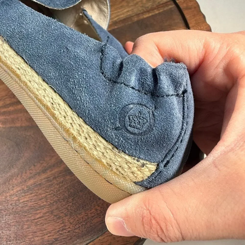Born Castries Espadrille Flats Blue Suede Leather Slip-On Comfort Shoes 6M